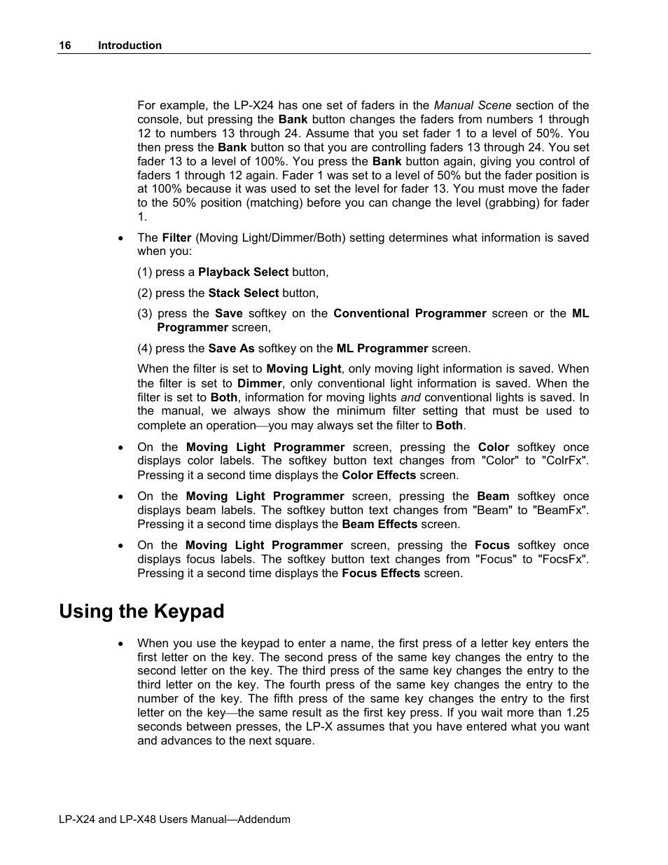 Using the keypad | Leprecon LP-X24 Manual v3.2 Addendum User Manual | Page 17 / 55