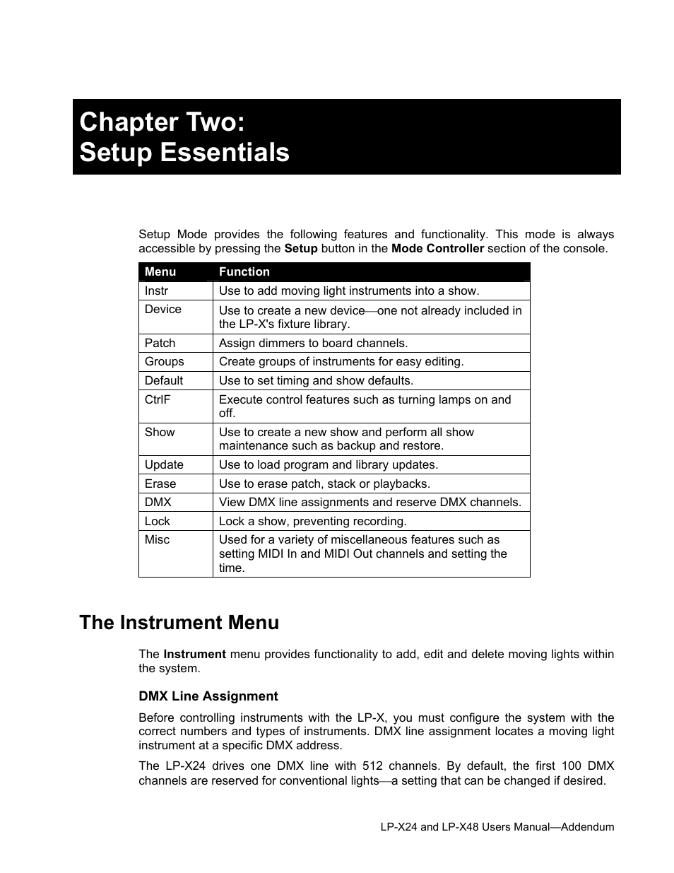 Chapter two: setup essentials, The instrument menu | Leprecon LP-X24 Manual v3.2 Addendum User Manual | Page 32 / 55