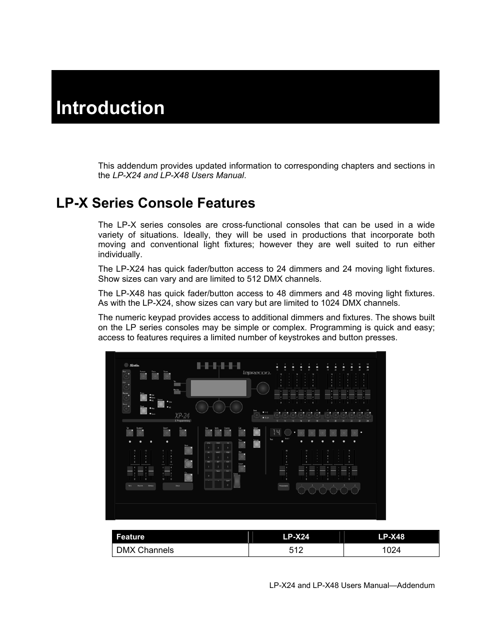Introduction, Lp-x series console features | Leprecon LP-X24 Manual v3.2 Addendum User Manual | Page 4 / 55