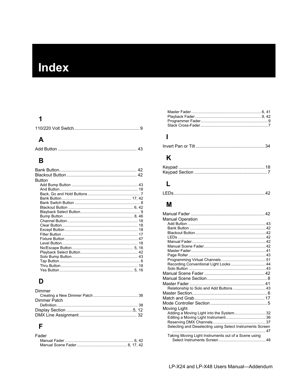 Index | Leprecon LP-X24 Manual v3.2 Addendum User Manual | Page 54 / 55