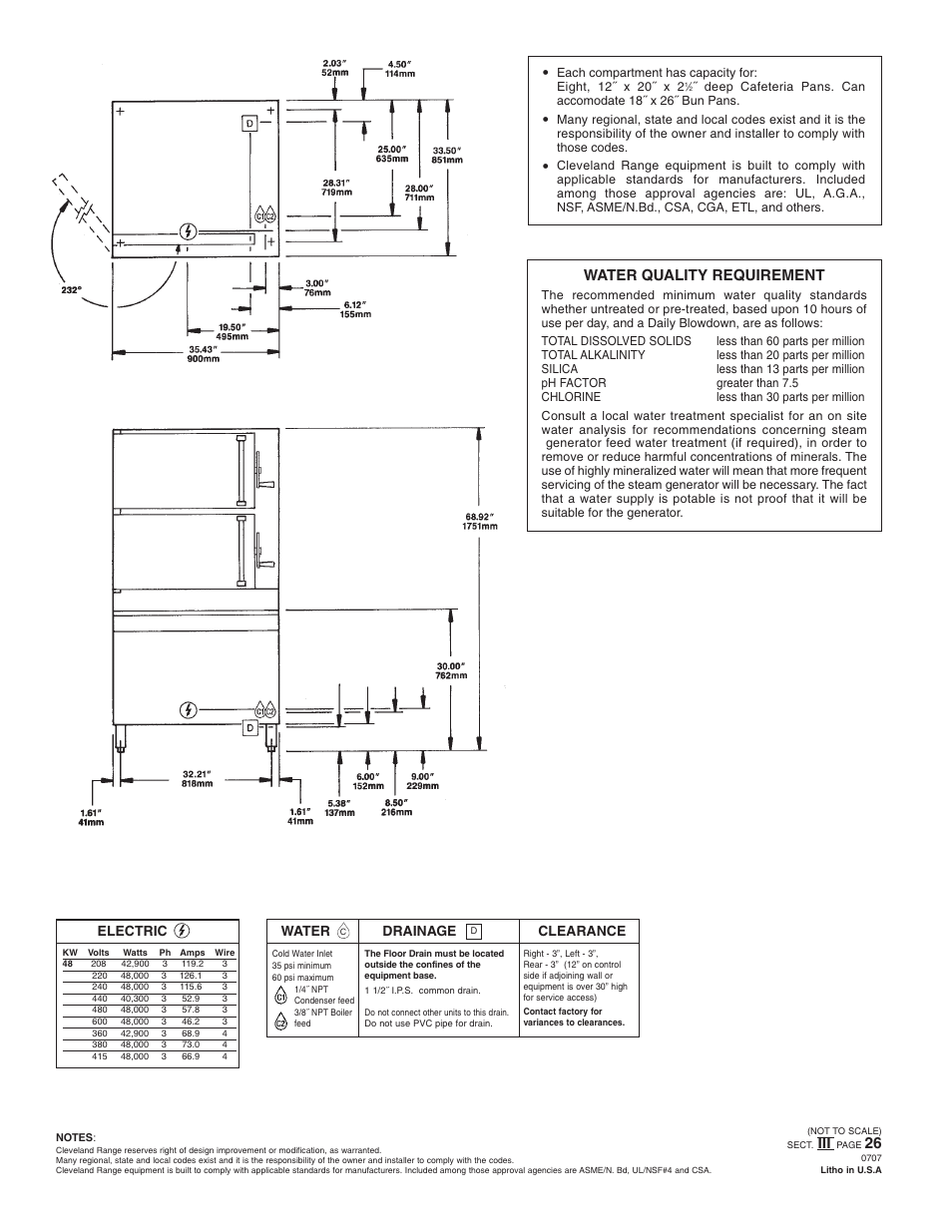 Water quality requirement, Electric water drainage clearance | Cleveland Range 36-CEM-16-48 User Manual | Page 2 / 2