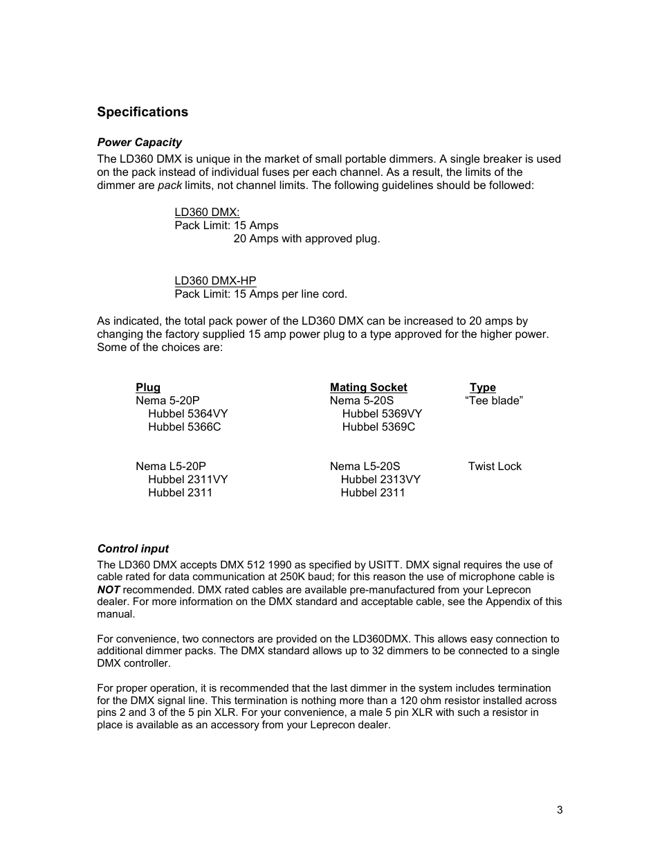 Specifications, Power capacity, Control input | Leprecon LD-340 DMX Series User Manual | Page 3 / 8