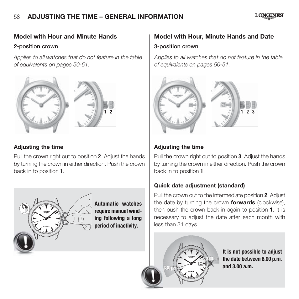 Adjusting the time – general information, Model with hour and minute hands, Model with hour, minute hands and date | Longines DolceVita User Manual | Page 18 / 42