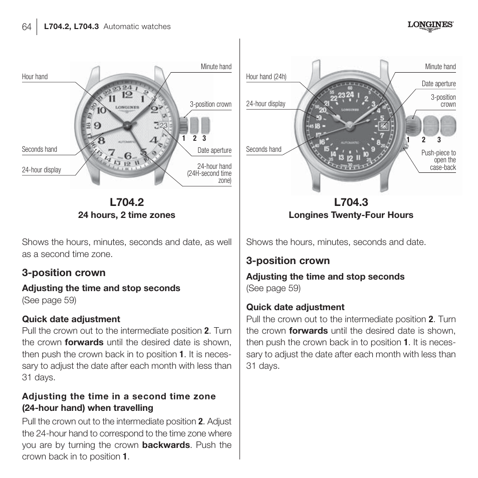 L704.3, L704.2, Position crown | Longines DolceVita User Manual | Page 24 / 42