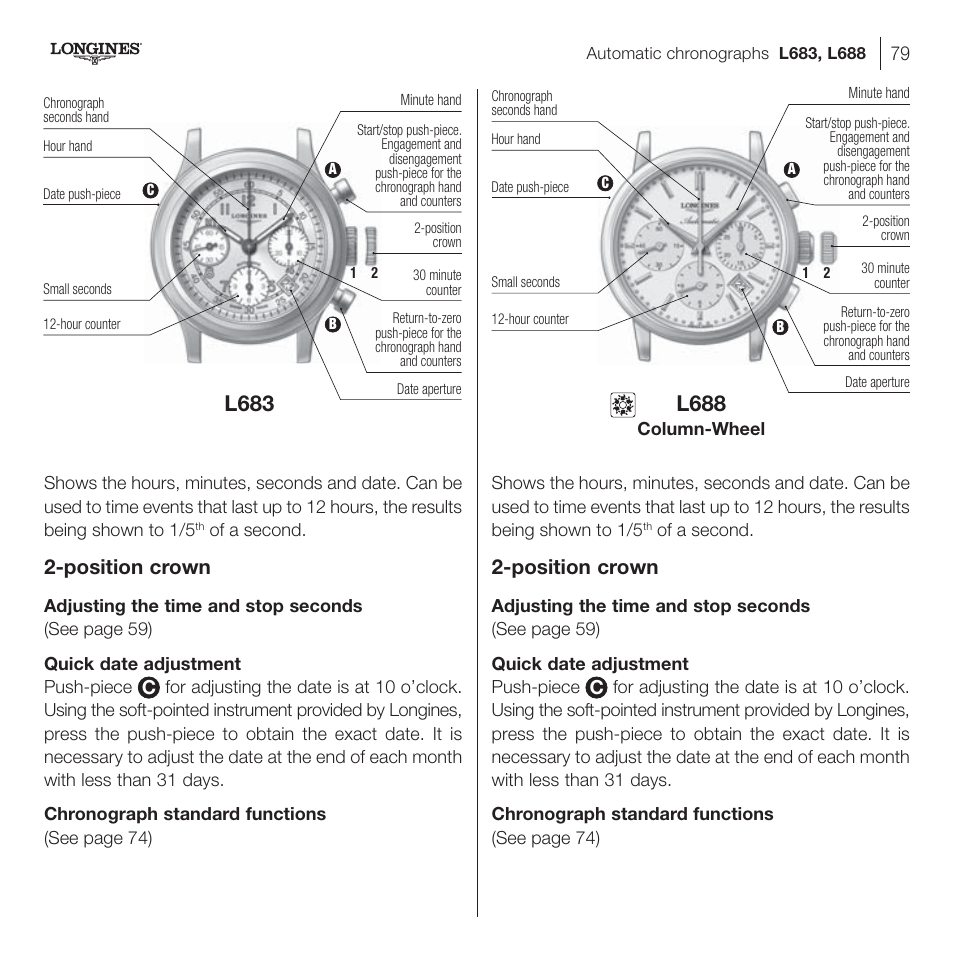 L688, L683, Position crown | Longines DolceVita User Manual | Page 39 / 42