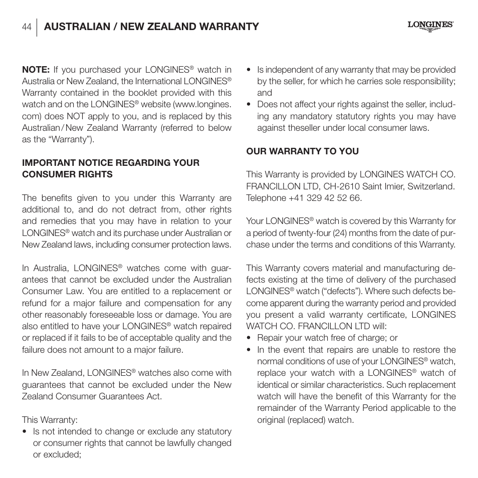 Australian / new zealand warranty | Longines DolceVita User Manual | Page 4 / 42