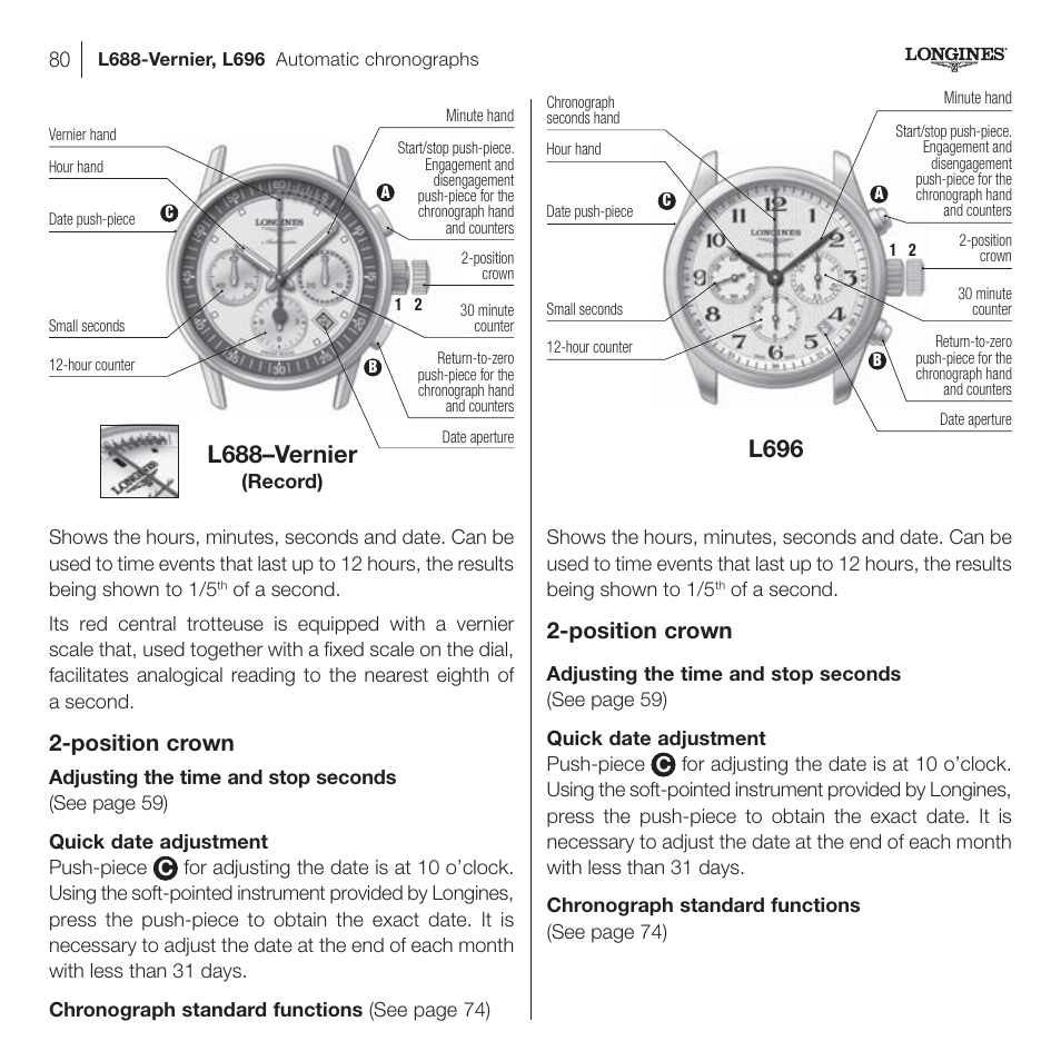 L688–vernier, L696, Position crown | Longines DolceVita User Manual | Page 40 / 42