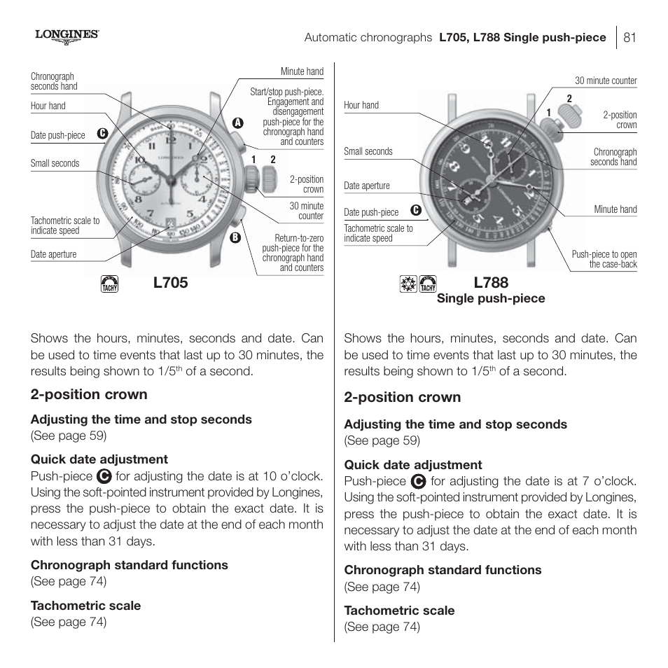 L788, L705, Position crown | Longines DolceVita User Manual | Page 41 / 42