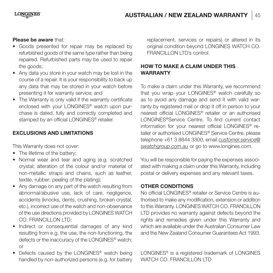 Australian / new zealand warranty | Longines DolceVita User Manual | Page 5 / 42