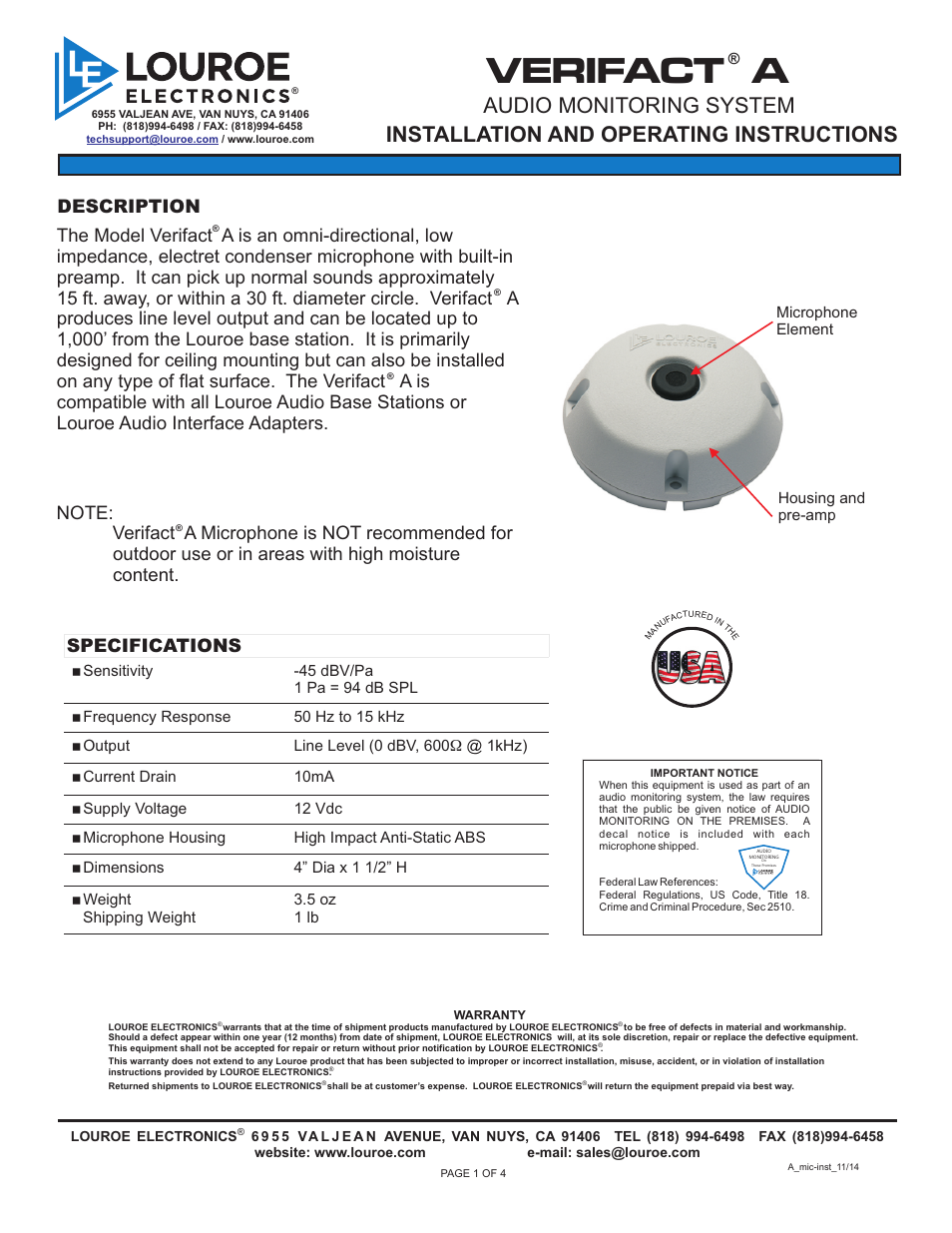 Louroe Electronics LE-070 User Manual | 4 pages