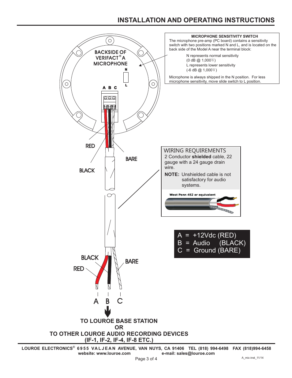 Ab c, Installation and operating instructions, Black bare red | Louroe Electronics LE-070 User Manual | Page 3 / 4
