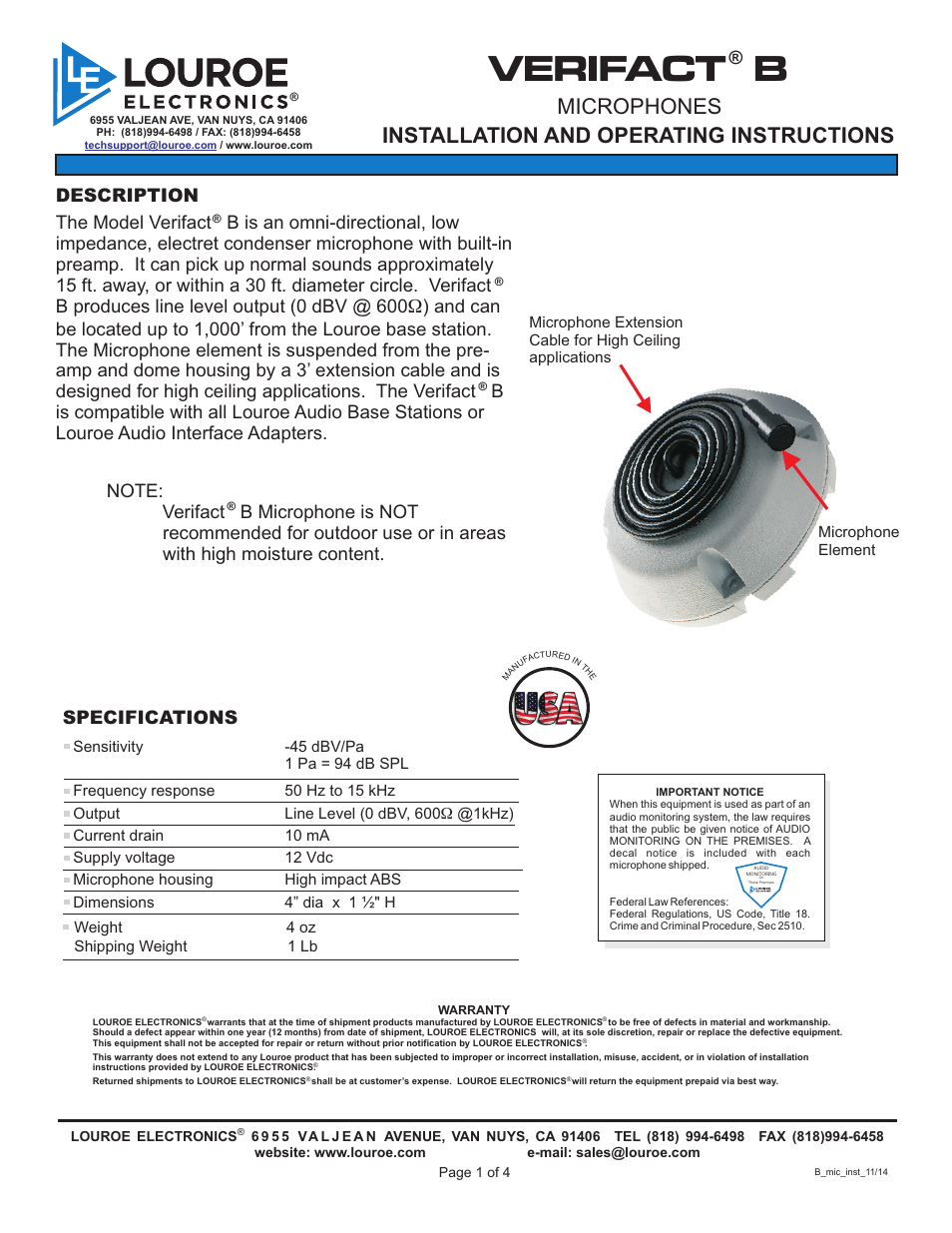 Louroe Electronics LE-071 User Manual | 4 pages