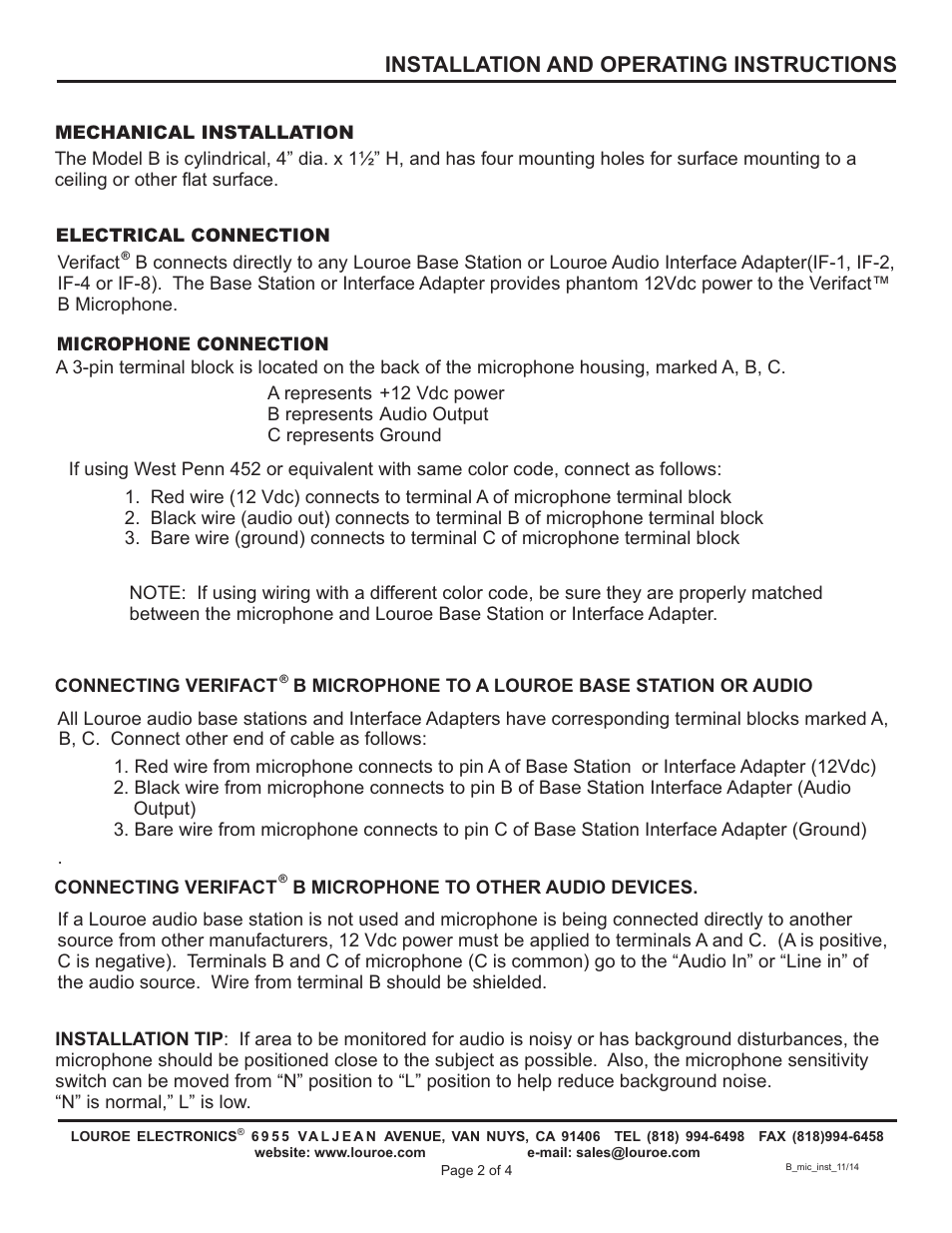 Installation and operating instructions | Louroe Electronics LE-071 User Manual | Page 2 / 4