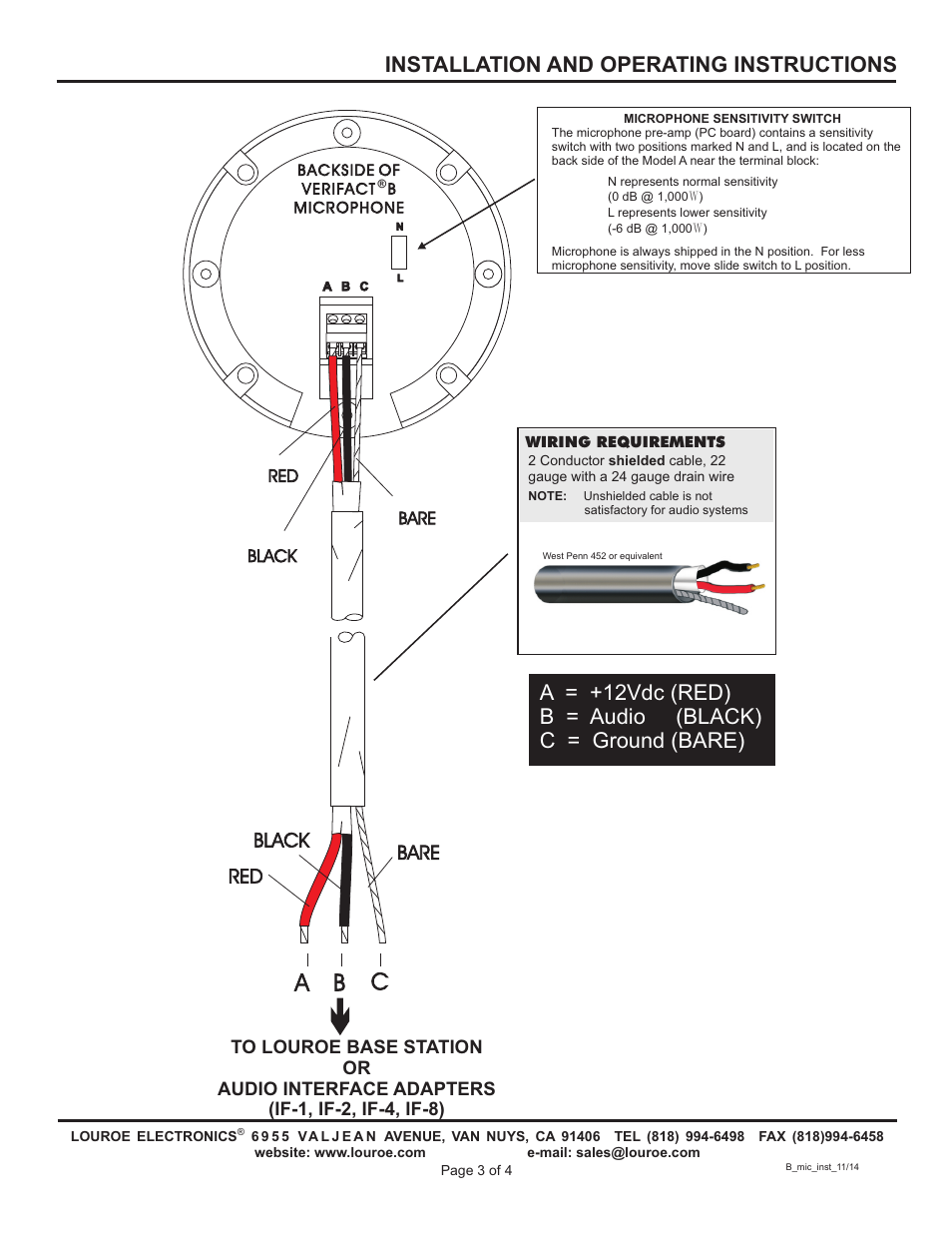 Ab c, Installation and operating instructions, Black bare red | Louroe Electronics LE-071 User Manual | Page 3 / 4