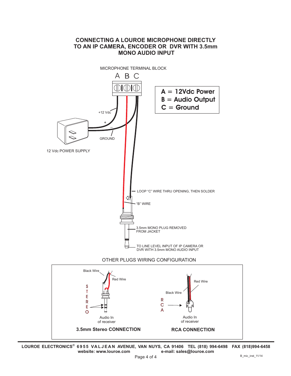 A b c, A = 12vdc power b = audio output c = ground | Louroe Electronics LE-071 User Manual | Page 4 / 4