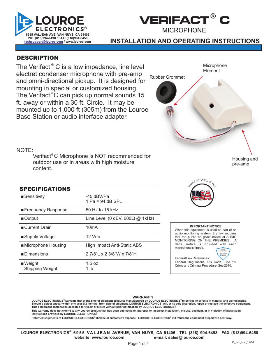 Louroe Electronics LE-072 User Manual | 4 pages