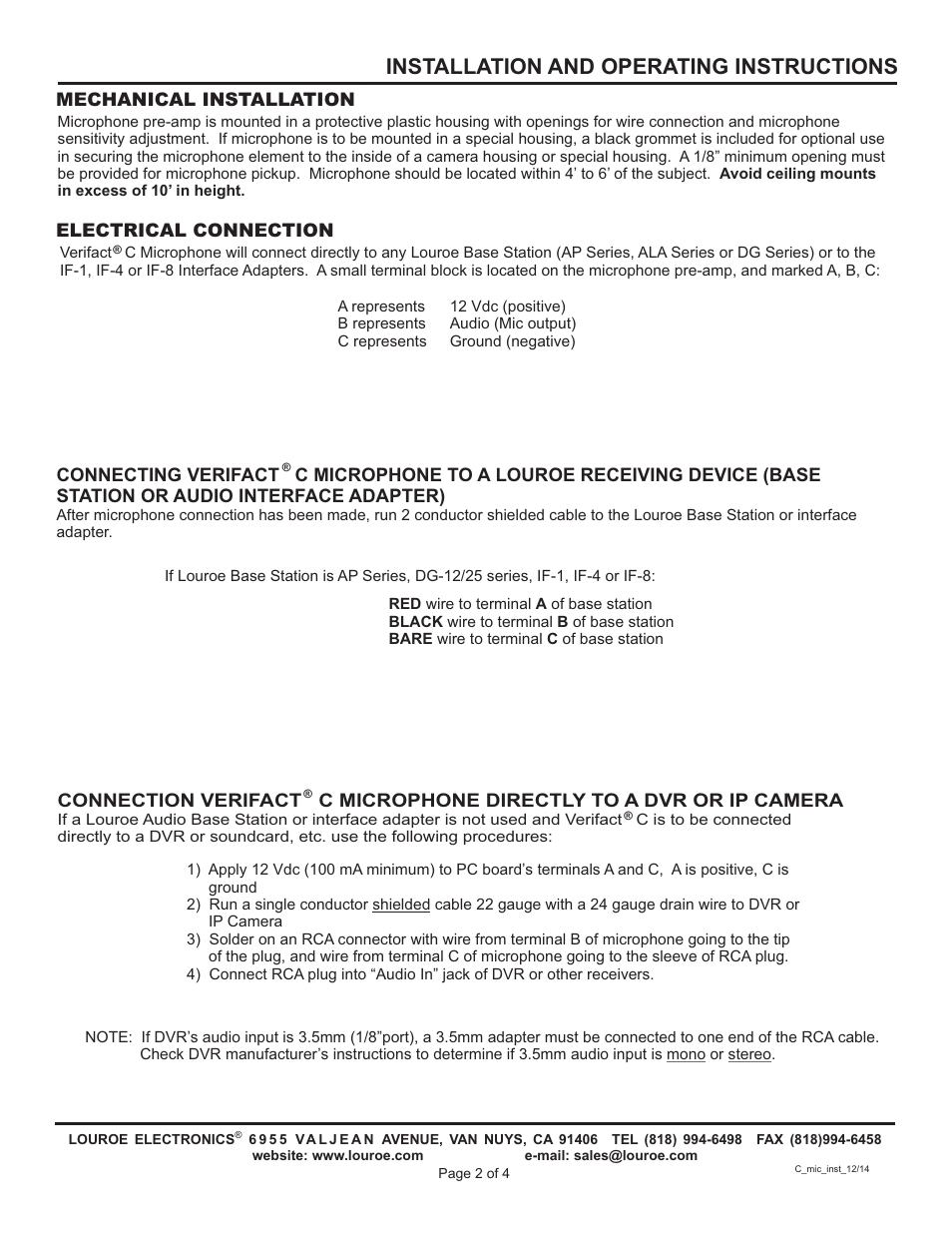 Installation and operating instructions, Mechanical installation, Electrical connection | Louroe Electronics LE-072 User Manual | Page 2 / 4
