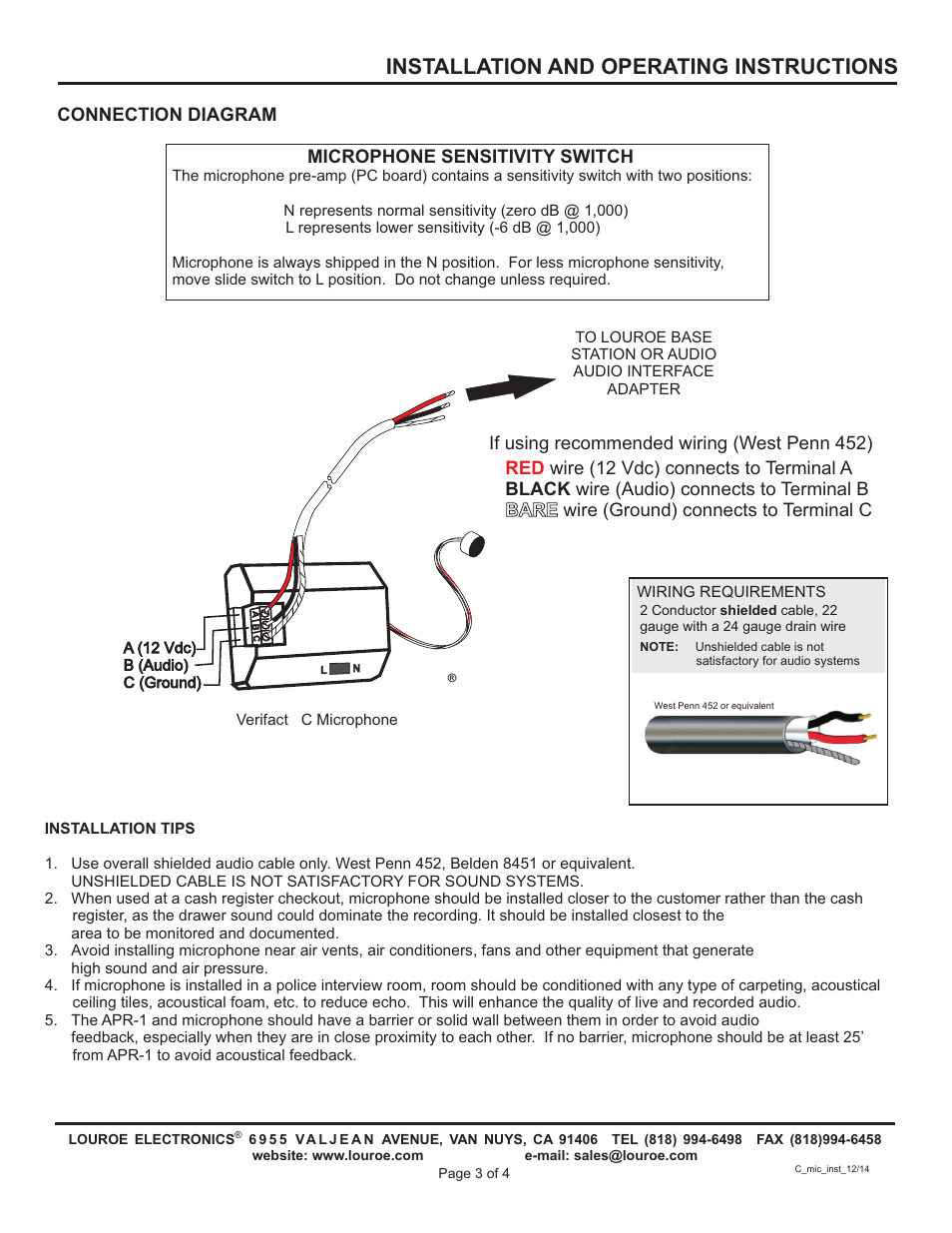 Installation and operating instructions, Connection diagram | Louroe Electronics LE-072 User Manual | Page 3 / 4
