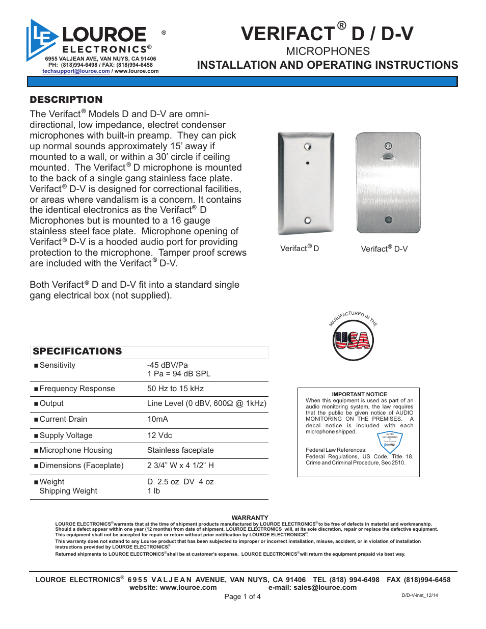 Louroe Electronics LE-078 User Manual | 4 pages