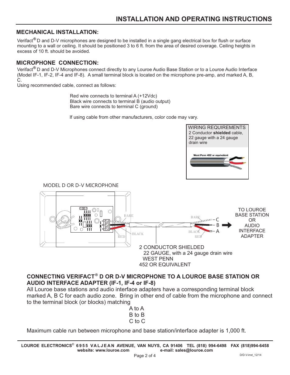 Installation and operating instructions, Mechanical installation | Louroe Electronics LE-078 User Manual | Page 2 / 4