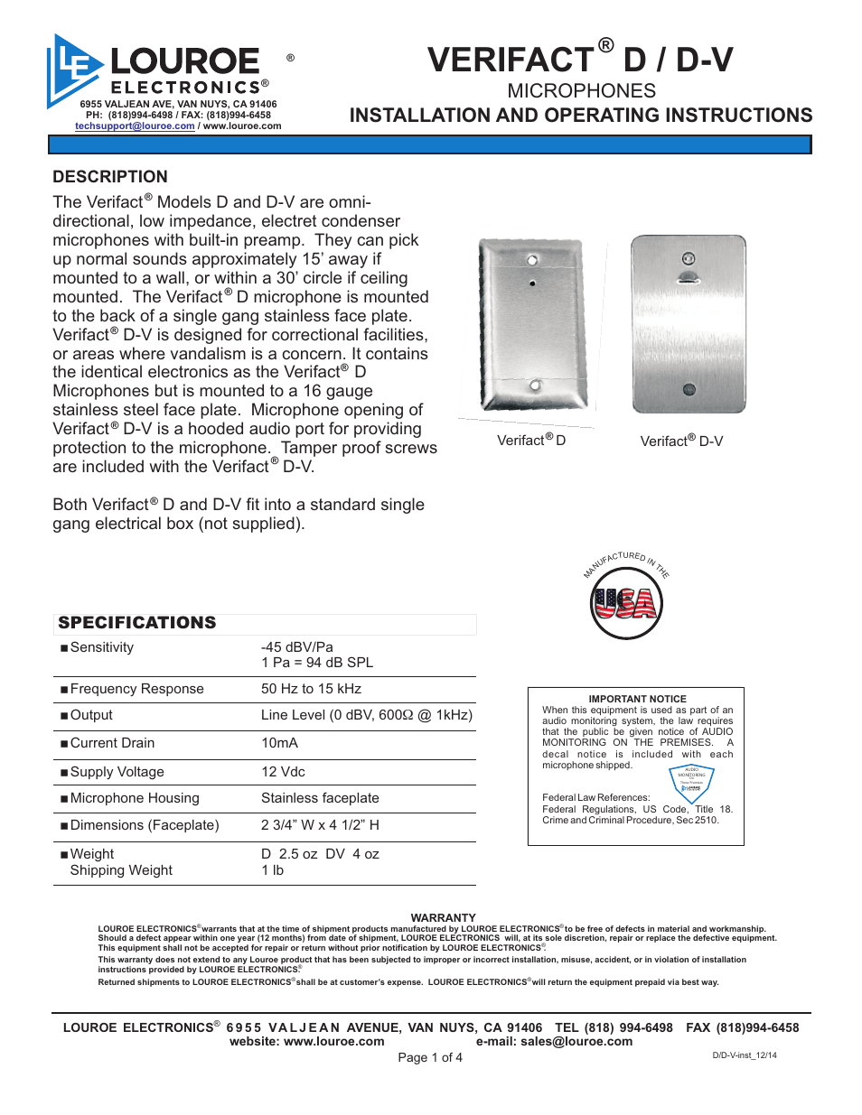 Louroe Electronics LE-069 User Manual | 4 pages