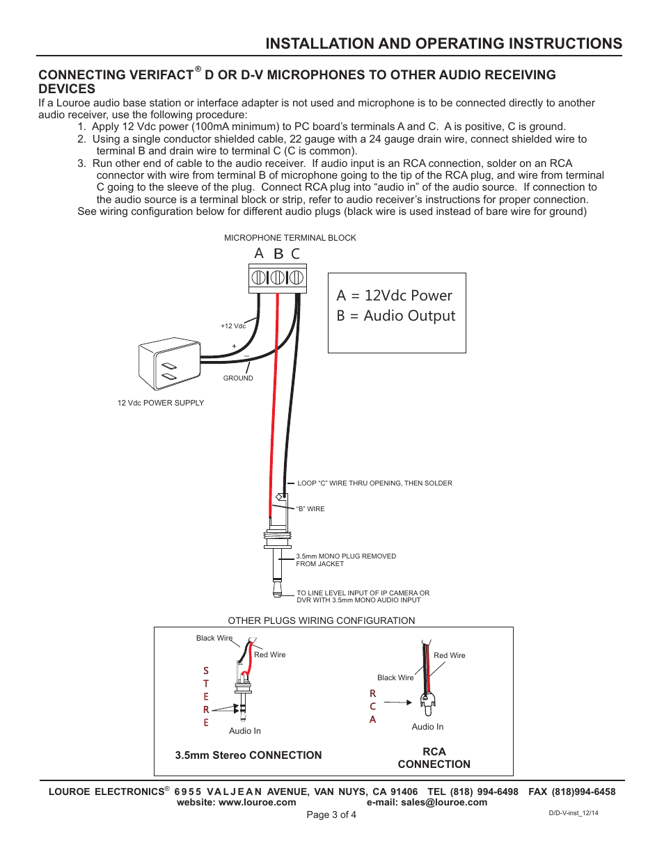 Installation and operating instructions, A b c, A = 12vdc power b = audio output | Louroe Electronics LE-069 User Manual | Page 3 / 4