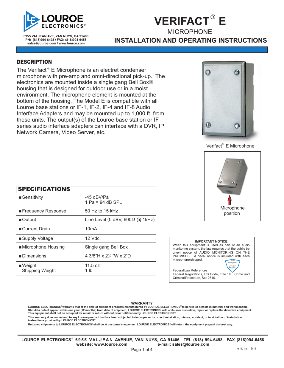 Louroe Electronics LE-075 User Manual | 4 pages