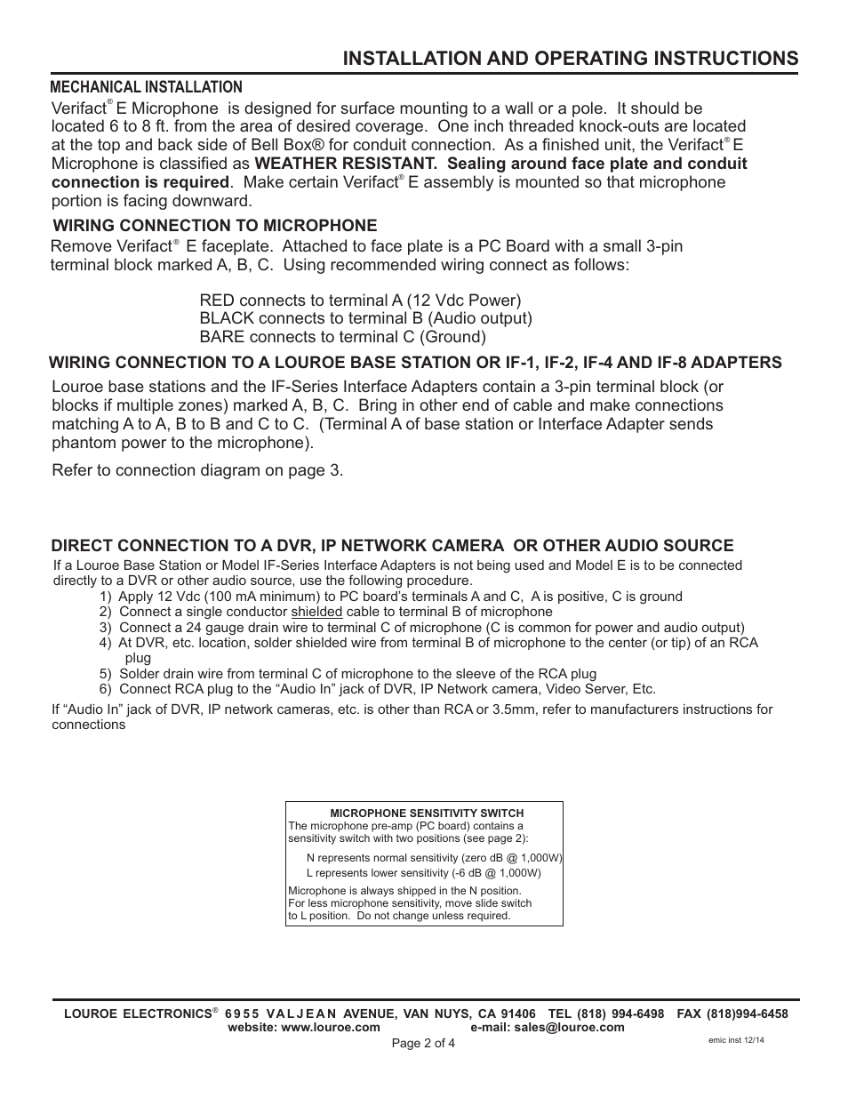 Installation and operating instructions | Louroe Electronics LE-075 User Manual | Page 2 / 4