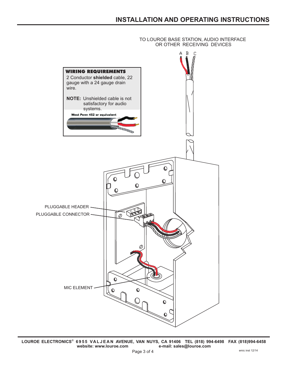 Installation and operating instructions | Louroe Electronics LE-075 User Manual | Page 3 / 4