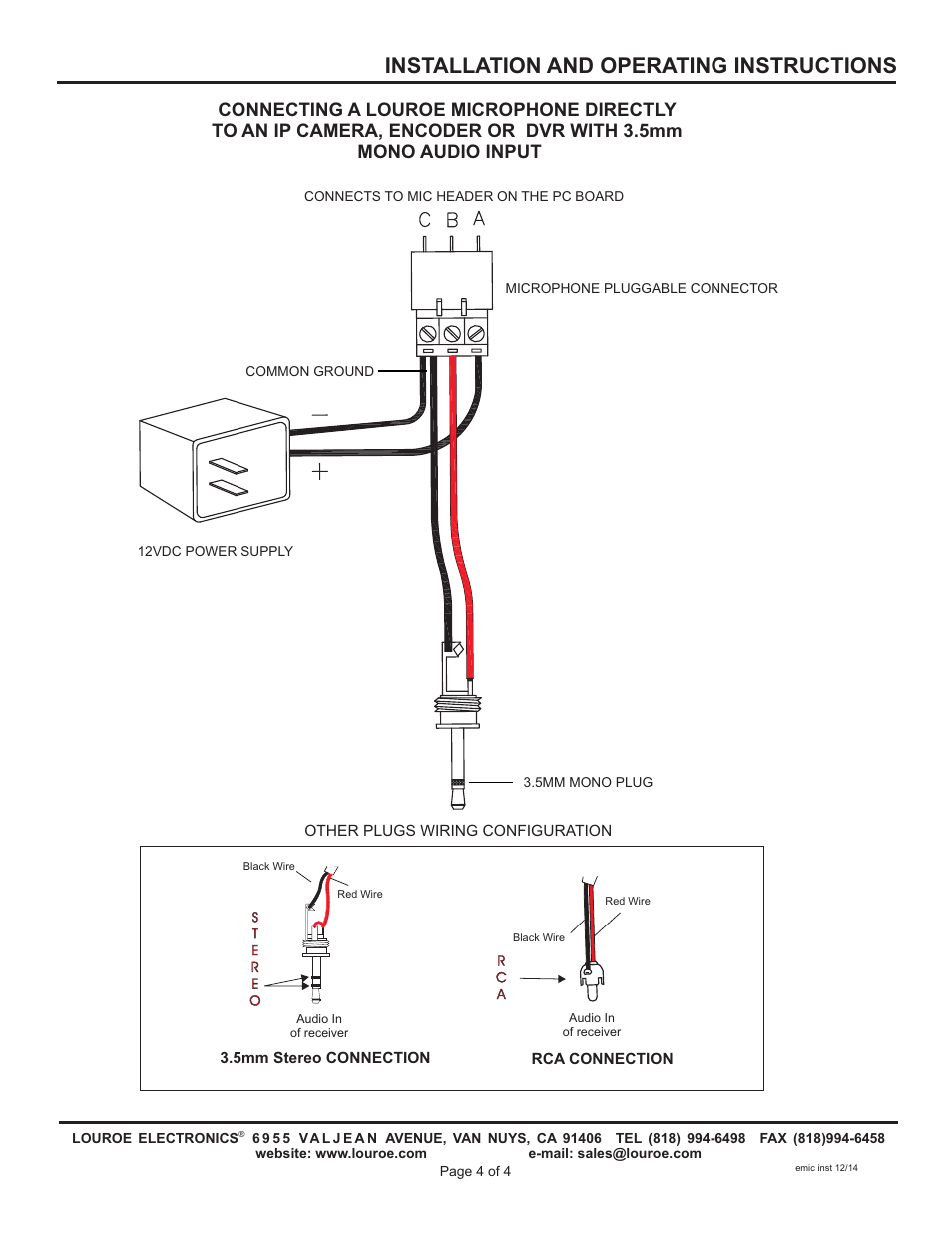 Installation and operating instructions | Louroe Electronics LE-075 User Manual | Page 4 / 4