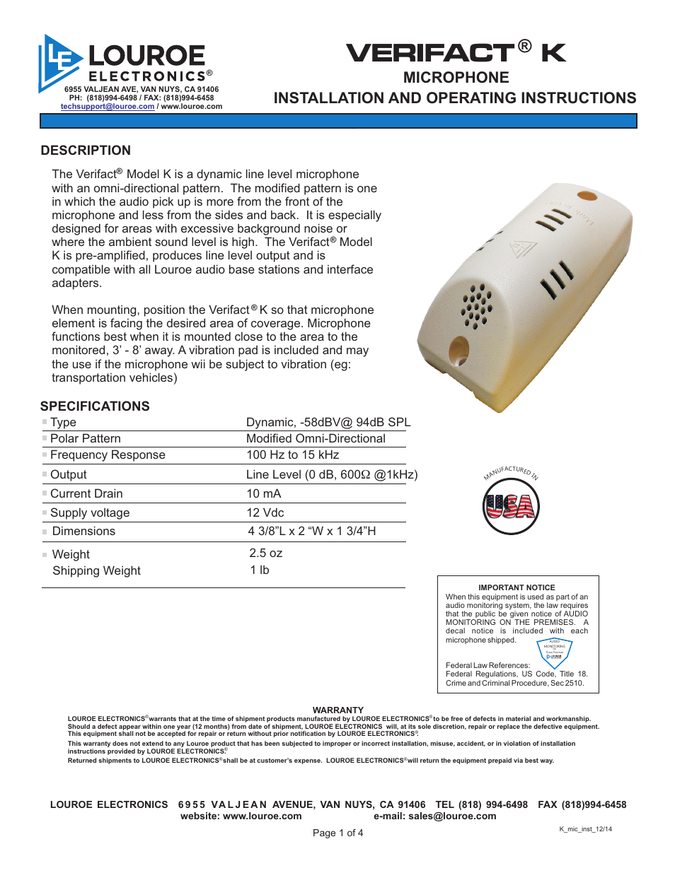 Louroe Electronics LE-077 User Manual | 4 pages