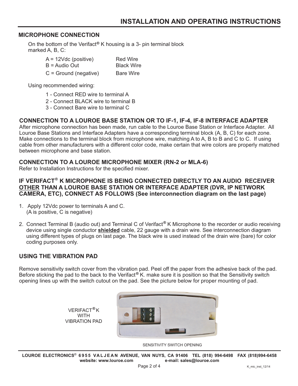 Installation and operating instructions | Louroe Electronics LE-077 User Manual | Page 2 / 4