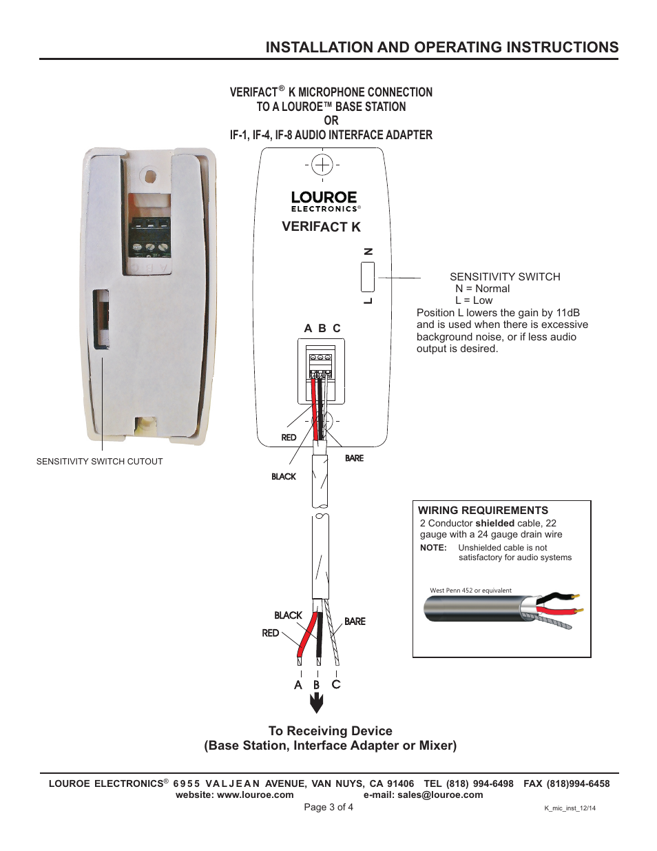 Installation and operating instructions, Verifact k | Louroe Electronics LE-077 User Manual | Page 3 / 4