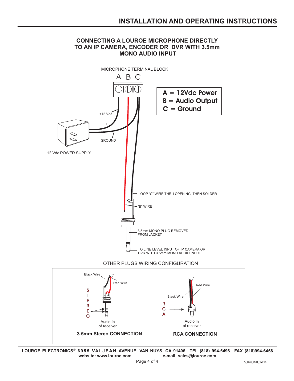 A b c, Installation and operating instructions, A = 12vdc power b = audio output c = ground | Louroe Electronics LE-077 User Manual | Page 4 / 4