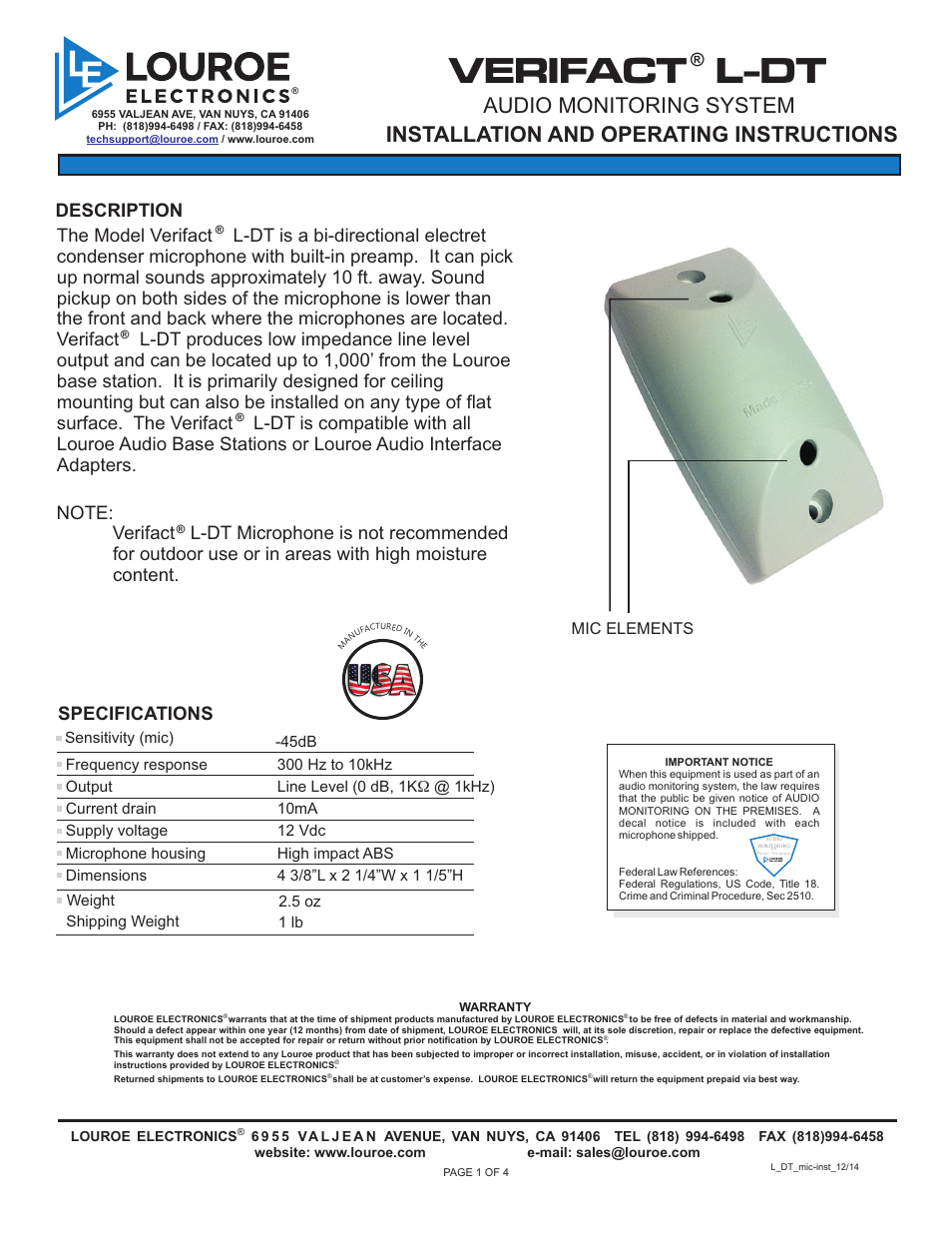 Louroe Electronics LE-079 User Manual | 4 pages