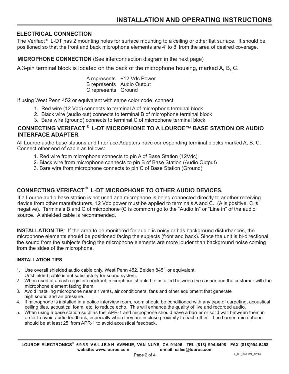 Installation and operating instructions | Louroe Electronics LE-079 User Manual | Page 2 / 4