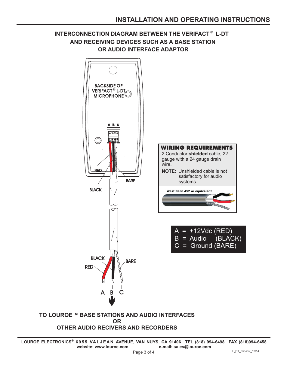 Installation and operating instructions | Louroe Electronics LE-079 User Manual | Page 3 / 4