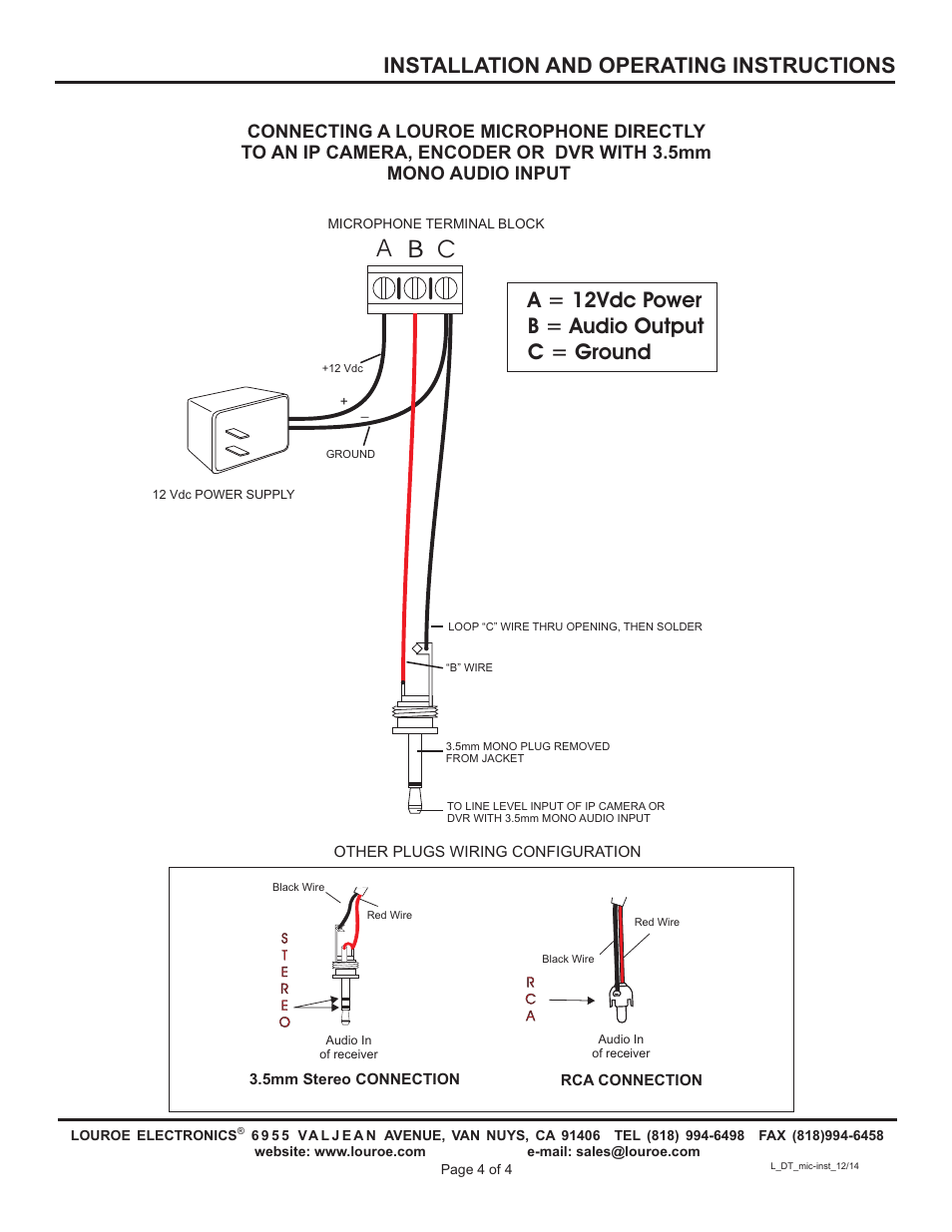 A b c, A = 12vdc power b = audio output c = ground, Installation and operating instructions | Louroe Electronics LE-079 User Manual | Page 4 / 4