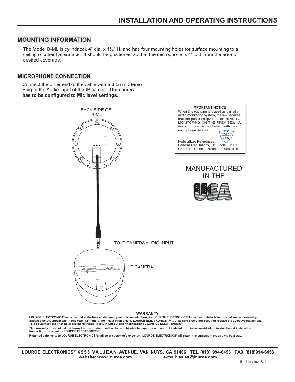 Installation and operating instructions, Manufactured in the, Microphone connection | Mounting information | Louroe Electronics LE-771 User Manual | Page 2 / 2
