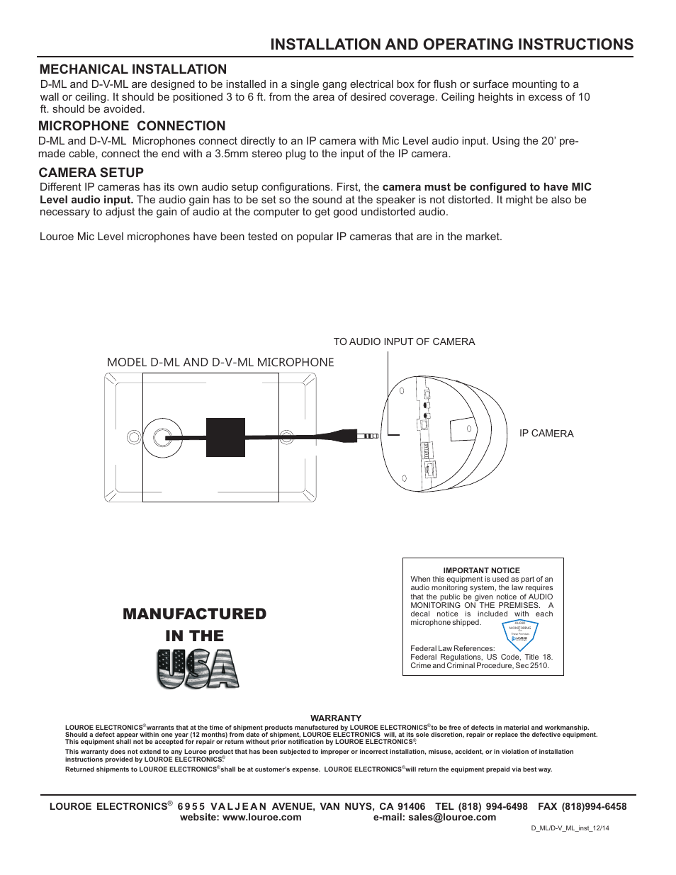 Installation and operating instructions, Manufactured in the, Mechanical installation | Microphone connection camera setup, Model d-ml and d-v-ml microphone | Louroe Electronics LE-778 User Manual | Page 2 / 2