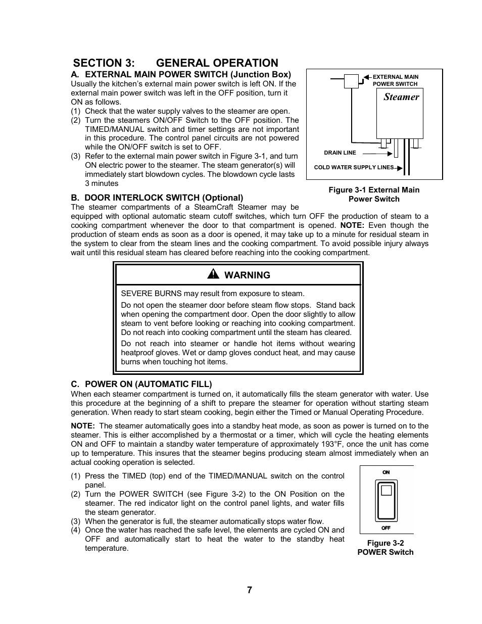 Section 3: general operation, External main power switch (junction box), Steamer | Cleveland Range 24CEA10 User Manual | Page 11 / 30