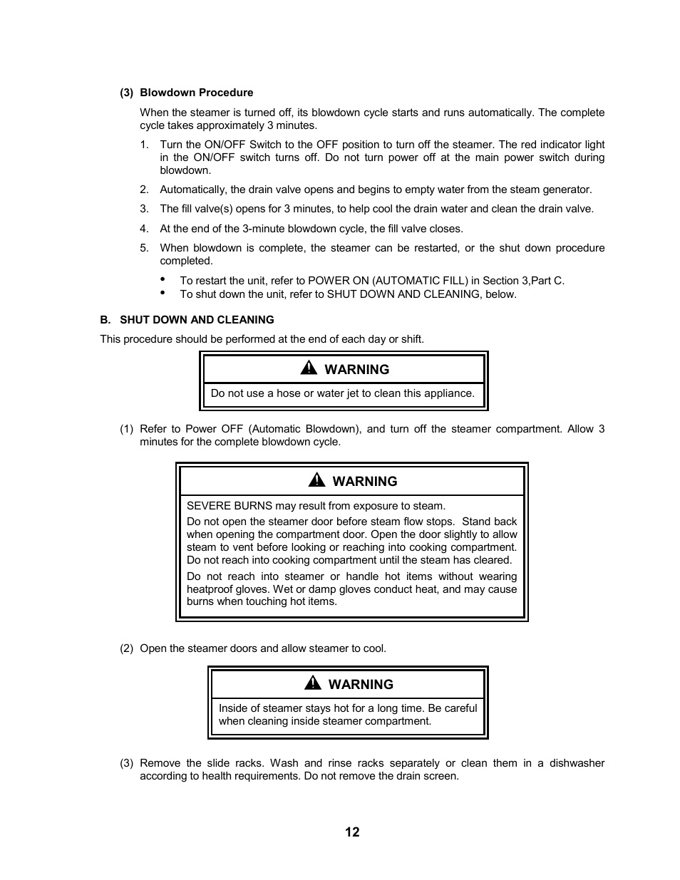 Blowdown procedure, Shut down and cleaning | Cleveland Range 24CEA10 User Manual | Page 16 / 30