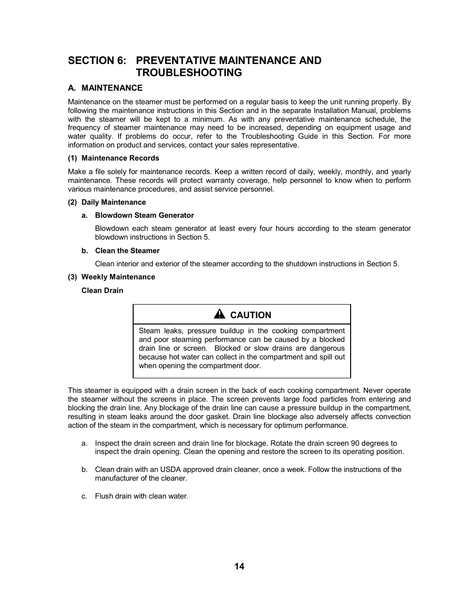 Maintenance, Maintenance records, Weekly maintenance | Clean drain | Cleveland Range 24CEA10 User Manual | Page 18 / 30