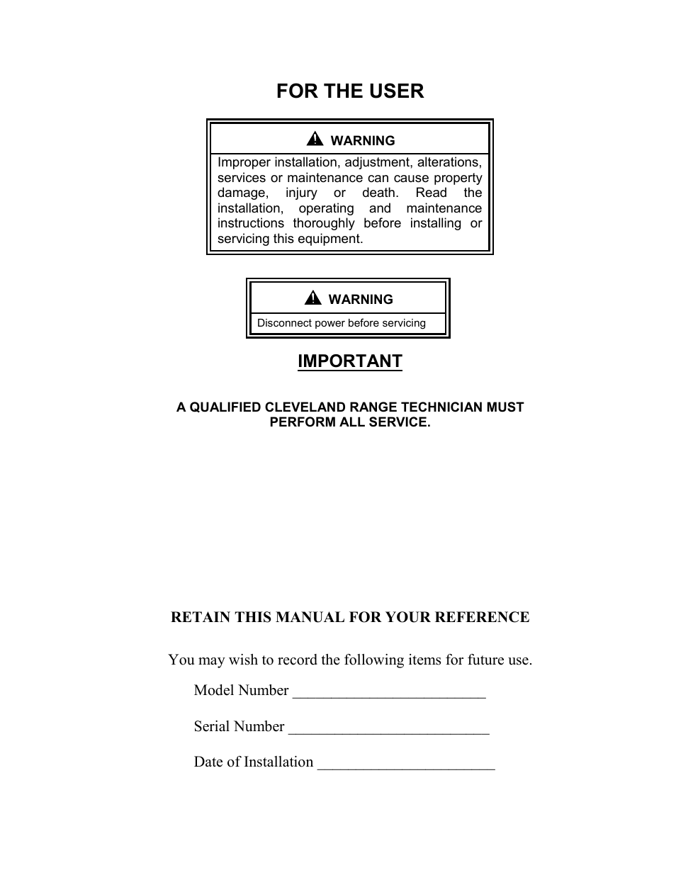 Important, Retain this manual for your reference, For the user | Cleveland Range 24CEA10 User Manual | Page 2 / 30