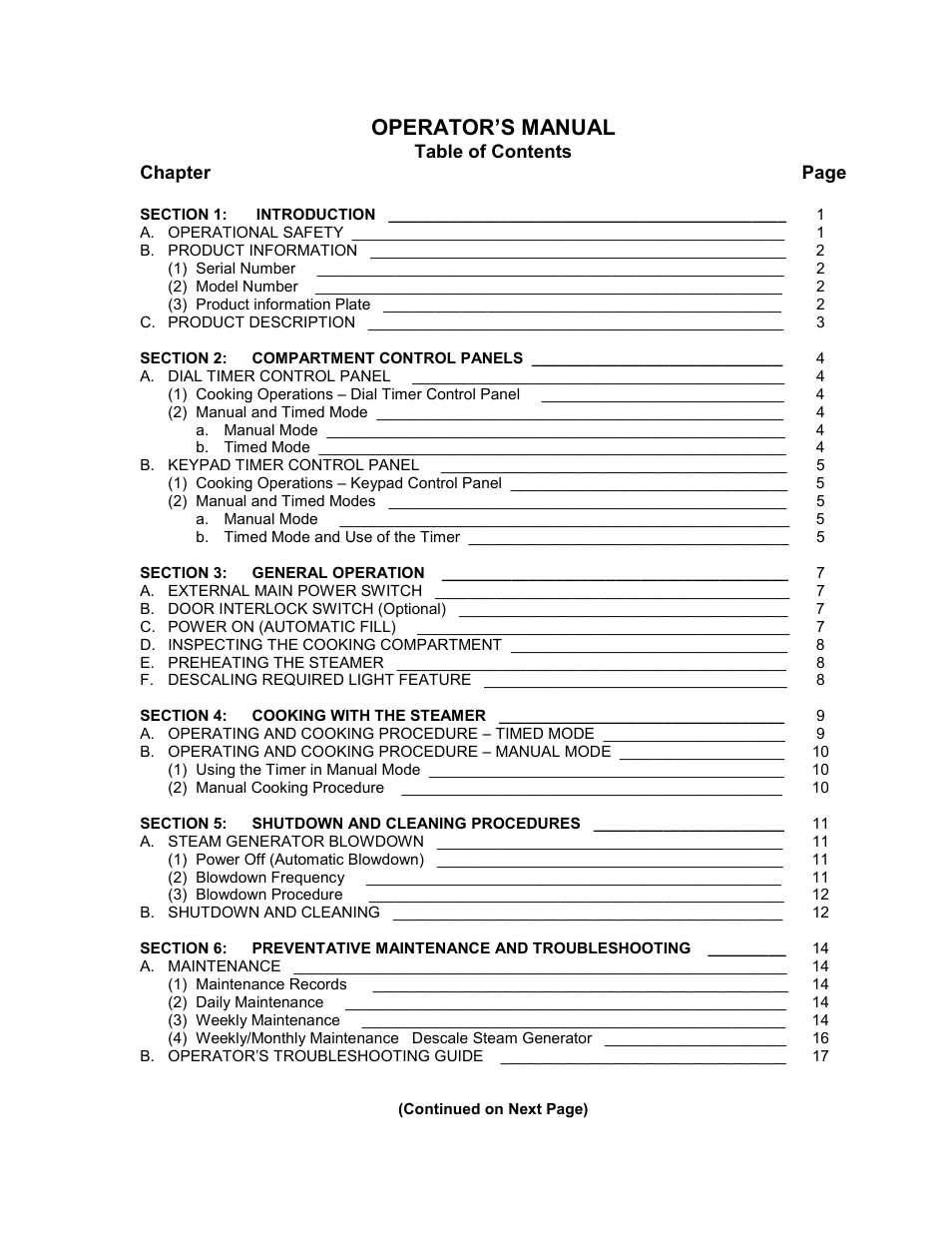 Operator’s manual | Cleveland Range 24CEA10 User Manual | Page 3 / 30