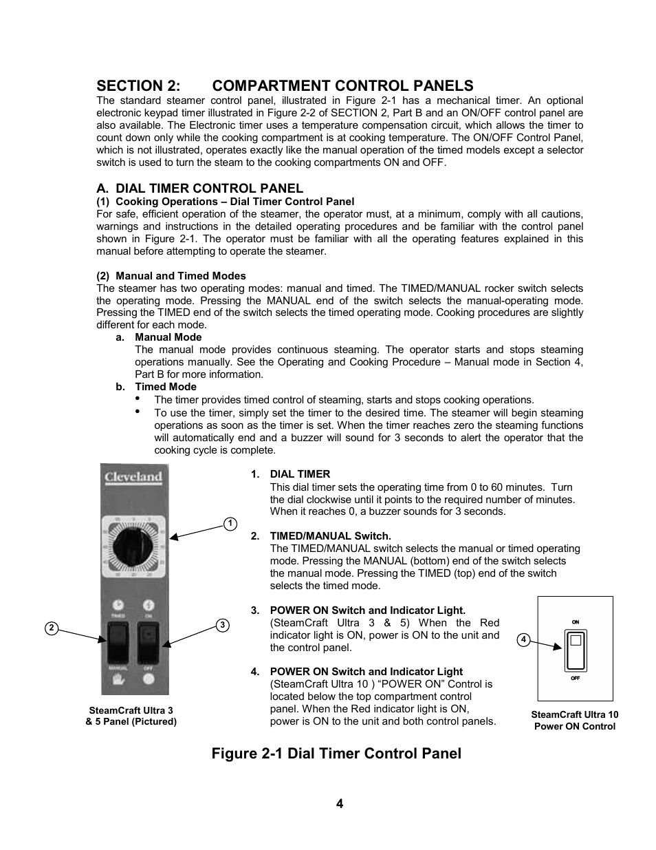 Section 2: compartment control panels, Dial timer control panel, Manual and timed modes | Figure 2-1 dial timer control panel | Cleveland Range 24CEA10 User Manual | Page 8 / 30