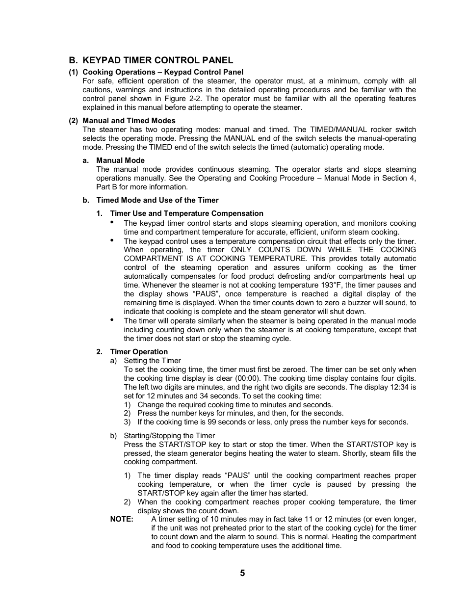 Keypad timer control panel, Cooking operations – keypad control panel, Manual and timed modes | Manual mode, Timed mode and use of the timer | Cleveland Range 24CEA10 User Manual | Page 9 / 30