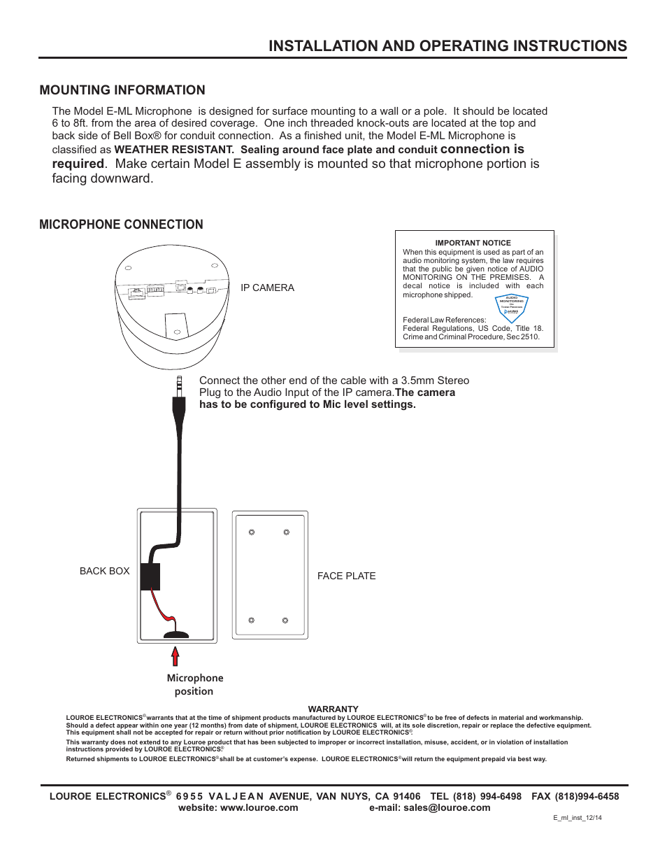 Installation and operating instructions, Microphone connection, Mounting information | Louroe Electronics LE-775 User Manual | Page 2 / 2