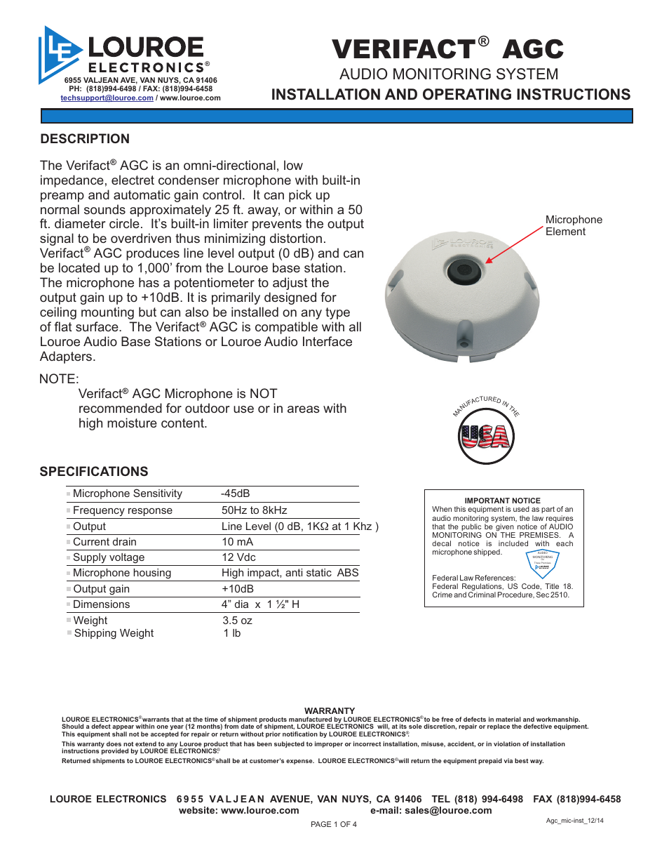 Louroe Electronics LE-510 User Manual | 4 pages