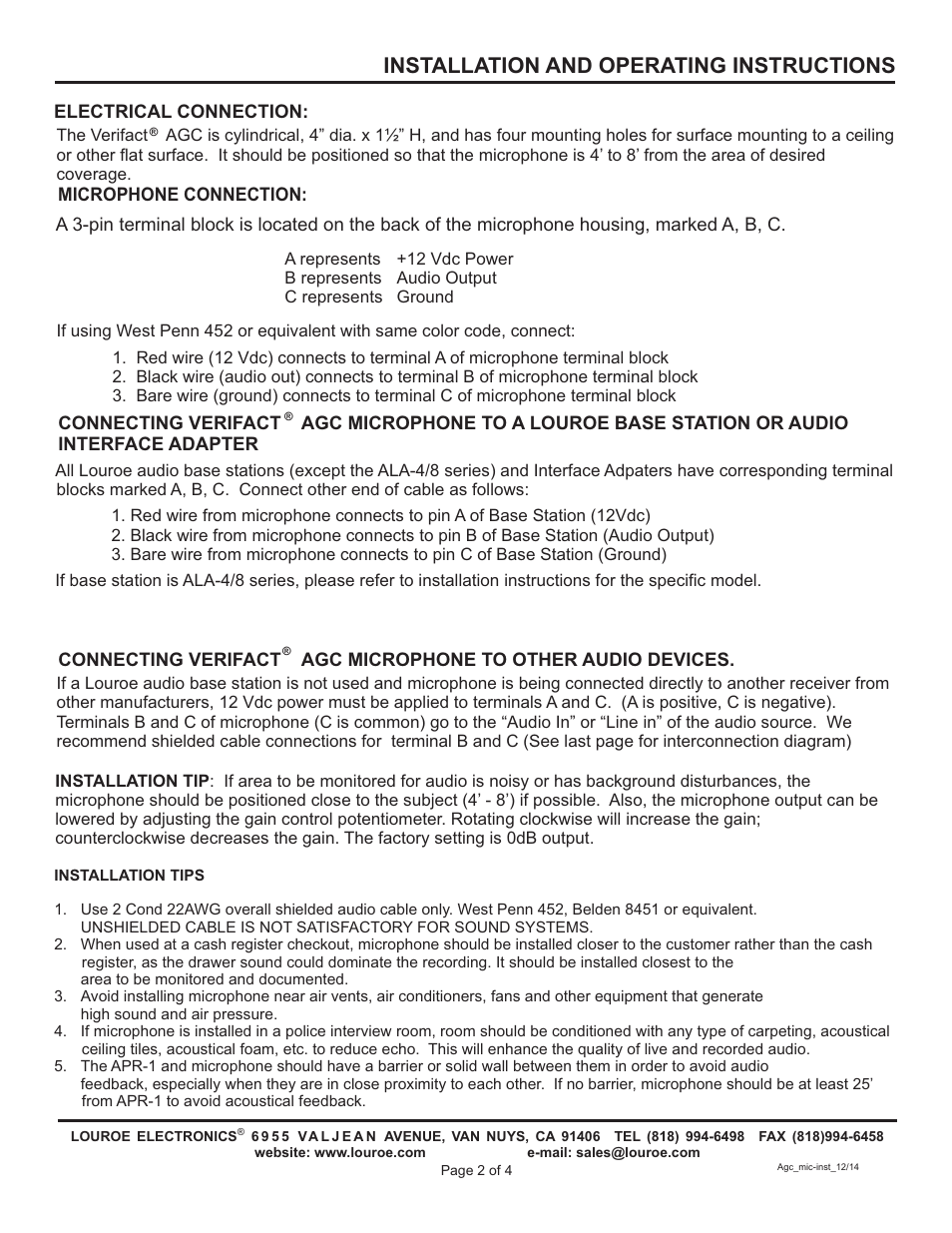 Installation and operating instructions | Louroe Electronics LE-510 User Manual | Page 2 / 4